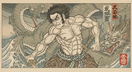 Japanese Warrior Fighting Dragons Ukiyo-e Style Illustration