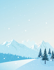 Flat vector winter illustration with snowy mountains, pine trees and falling snow. Minimal and peaceful seasonal landscape. Ideal for holiday cards, web design, posters, prints, and backgrounds.