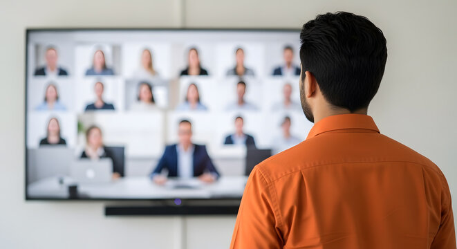 Manager leading a virtual team meeting on a large screen from the office. Concept of teleconferencing and digital business collaboration.