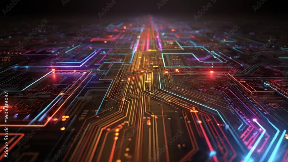 Poster digital pathways: an artistic representation of a microchip's intricate circuitry, illuminated with 