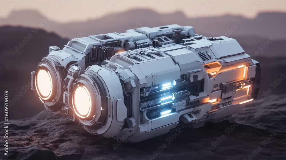 Poster futuristic sci-fi device on alien landscape with glowing elements