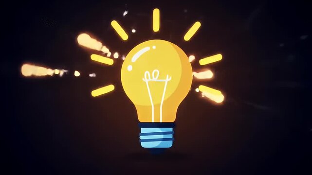 Cartoon lightbulb with light rays on gradient orange and black background