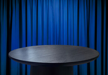 Minimalist black wooden round coffee table on blue curtain background ideal for modern luxury product display, or interior design concepts.