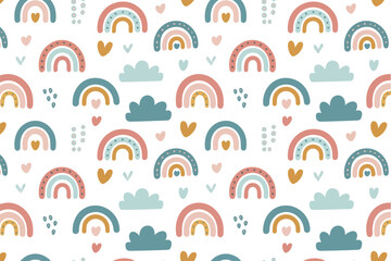 Seamless pattern with rainbows clouds and hearts in pastel colors on a white background