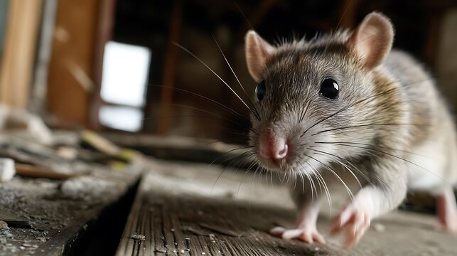 Closeup of a brown rat in a dilapidated with wooden attic looking at the camera. - Powered by Adobe