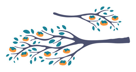 Persimmon tree branch with fruit, leaves, isolated on transparent. Hand drawn flat vector illustration. Korean Mid Autumn Festival Chuseok, harvest seasonal design elements collection, clip art set