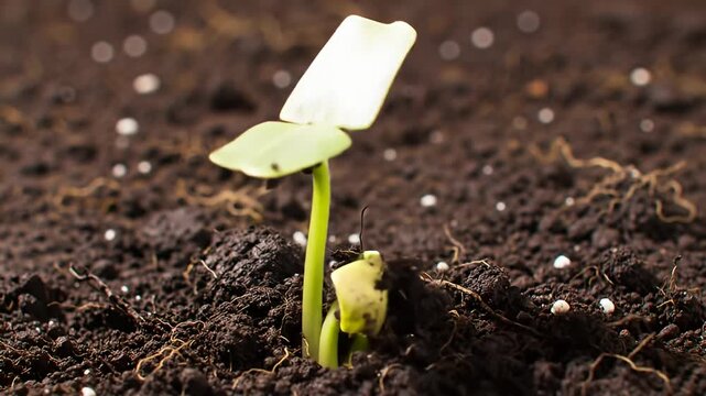 A tiny seedling grows from dark, fertile soil, leaves reaching for the sun