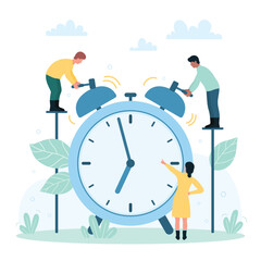 Time management, efficiency of daily tasks and punctuality vector illustration. Cartoon tiny people hitting hammers to make alarm clock ring, reminder for employees. Deadline, countdown concept