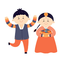 Cute girl, boy in traditional Korean clothes hanbok holding mooncakes, isolated on transparent. Hand drawn flat vector illustration. Cartoon character. Chuseok design element, clip art