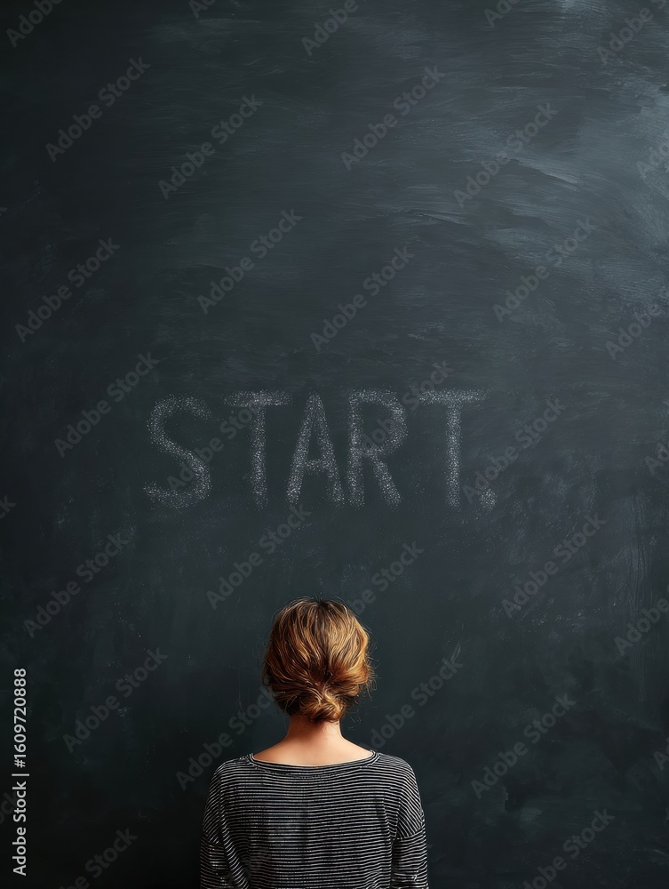 Poster student reflecting on the word start written on a chalkboard in a learning environment during a focu