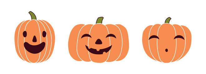 Halloween pumpkin, jack o lantern with carved face, isolated on transparent. Hand drawn flat vector illustration. Funny cartoon character. Holiday design elements collection, clip art set, banner