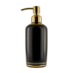 Elegant black glass bottle with gold accents for liquid storage on white background