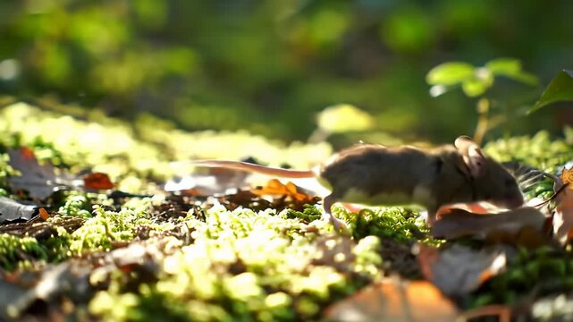 A brown mouse walks through a forest floor covered in moss and fallen leaves