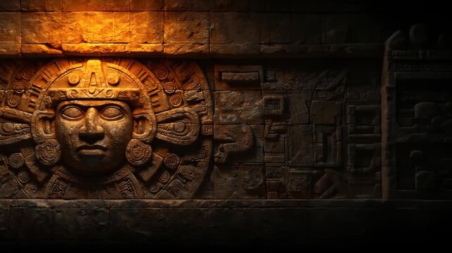 Ancient Mesoamerican Stone Carving Wall with Sun God Faces and Intricate Details.