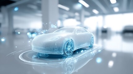 Futuristic holographic car displayed in a modern showroom environment.