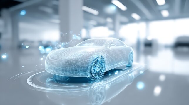 Fototapeta Futuristic holographic car displayed in a modern showroom environment.