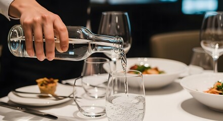 Professional waiter pouring fresh water from a glass bottle into a glass, providing service in a fine dining restaurant.