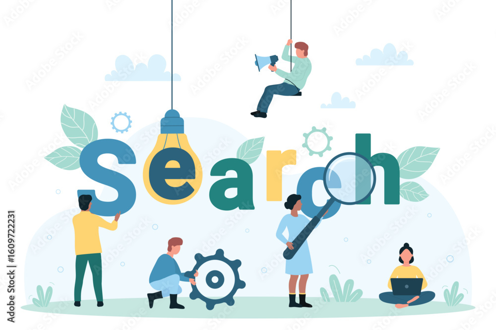 Poster web search, analytics and algorithms vector illustration. cartoon tiny people look through magnifyin