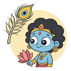 Cute Baby Krishna with Peacock Feather and Lotus Flower Cartoon Vector