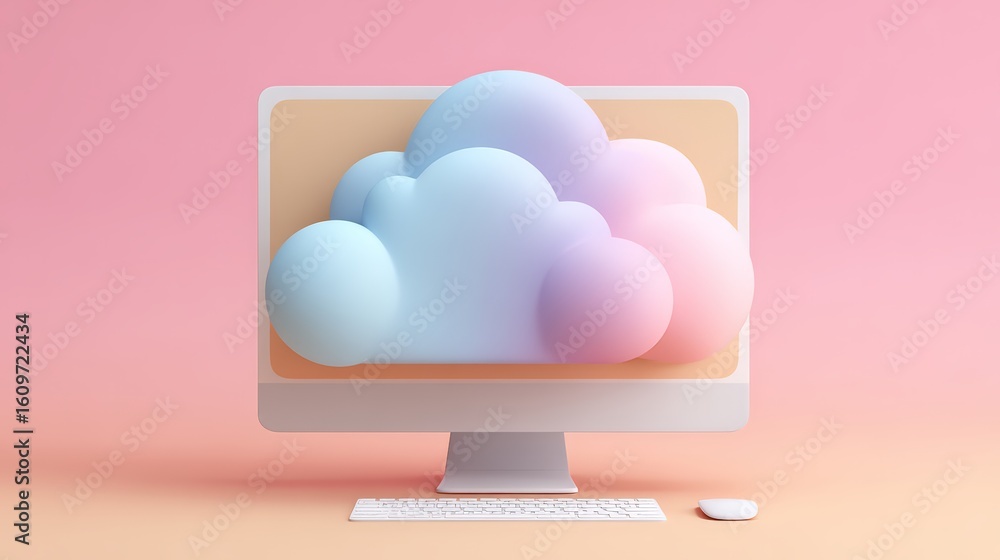 Poster modern computer with colorful clouds on screen, symbolizing digital ideas and creativity.