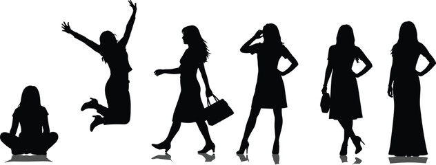 Diverse Set of Female Silhouettes in Various Poses, Including Sitting, Jumping, Walking, and Standing, Representing Women's Dynamic Lifestyle, Flat Vector Illustration