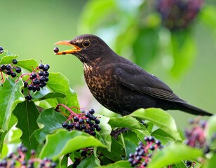 Blackbird eating berries