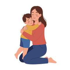 Obraz premium A woman kneels hugging a child with closed eyes both smiling