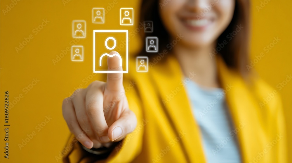 Poster professional woman selecting user profile in digital network interface.