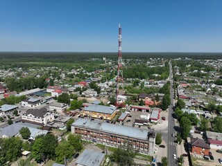 An aerial panoramic view of Kirzhach city, displaying a variety of buildings and the general urban layout