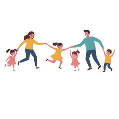 Obraz premium A family of six the mom and dad holding hands with their four kids smiling and running