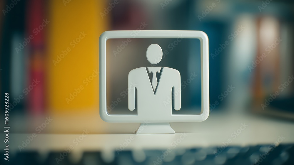 Poster stylized icon representing a professional figure on a computer screen.