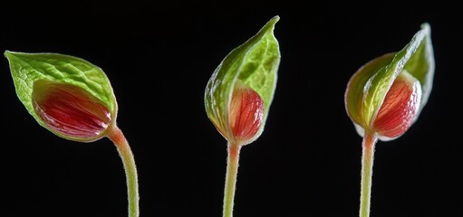 Three young plants each with a red seed emerging from green leaves on a black background