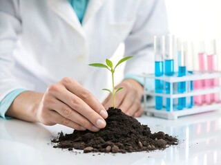 Scientist examining a seedling in soil with test tubes in background