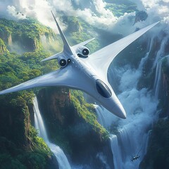 Futuristic plane soaring over lush, waterfall-filled valley