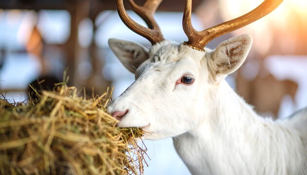 Close-up of a white deer eating hay