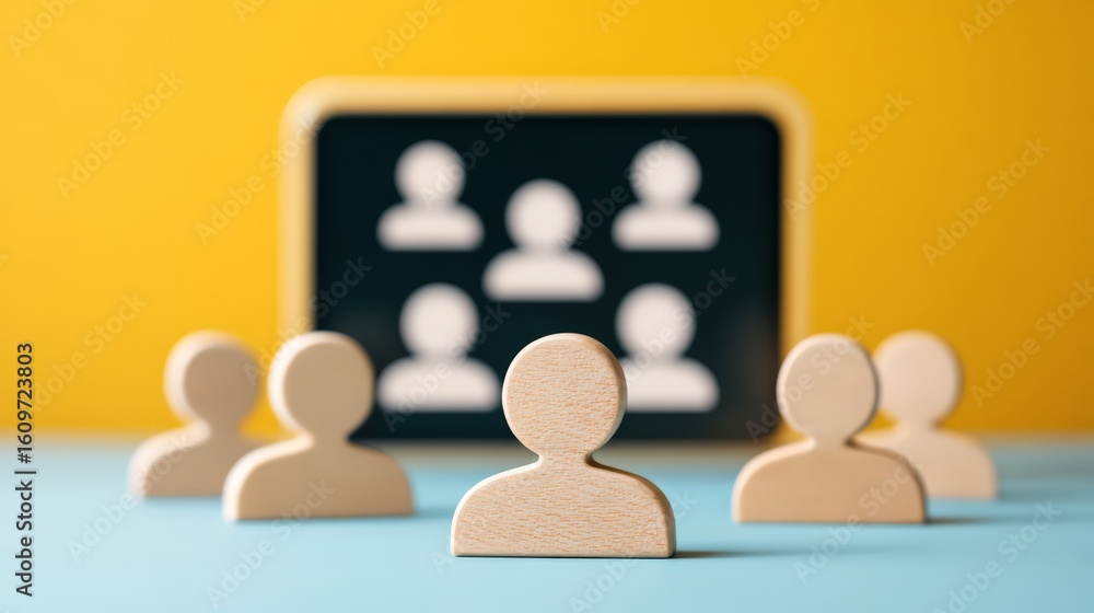Poster wooden figures representing team collaboration and connection in a professional setting.