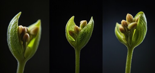 Triptych of a sprouting seedling with a bud