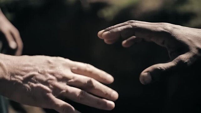 Two hands of different skin tones reaching out to each other in a blurry landscape
