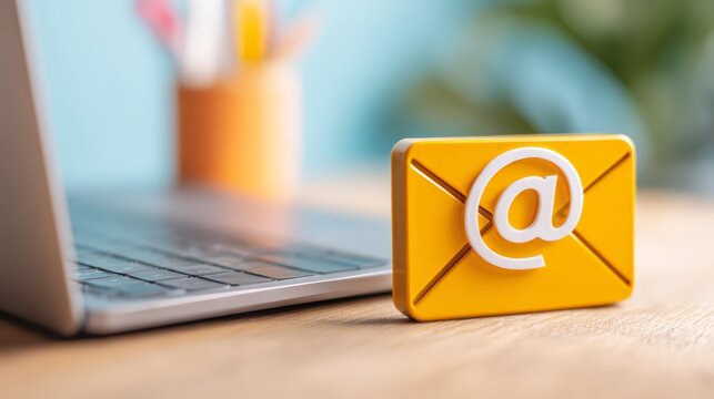 A bright yellow email icon next to a laptop, symbolizing digital communication.