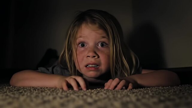 Scared child crawls on carpet with wide eyes, looking worried in dark lighting
