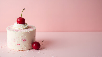Mini cherry cake on pink background for dessert or celebrations