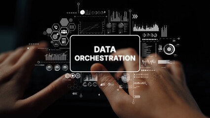 Hands on Keyboard with Data Orchestration Graphics and Analytics Dashboard in Background for...
