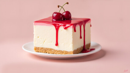 Cheesecake Square with Cherry Topping on Pink Plate, Light Pink Background