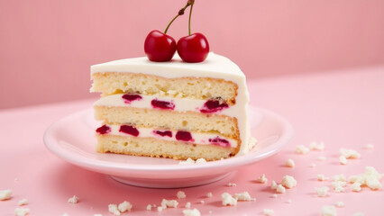 Slice of cherry cake on a pink plate with a pink background