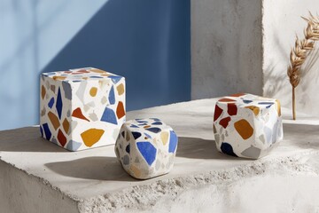 Decorative mosaic-patterned cube-shaped objects on a light gray surface.