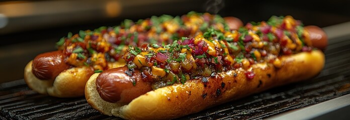 Two gourmet hot dogs with toppings on a grill
