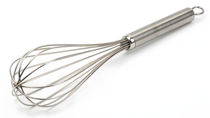 Kitchen Whisk: An immaculate, close-up shot of a pristine stainless steel whisk. The elegant design of the tool is accentuated, ready for blending and whipping.