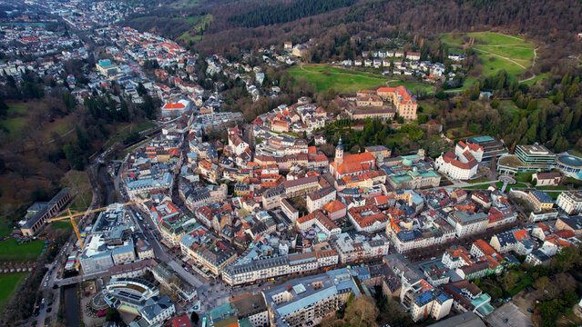 Aerial panorama view of the old town city Baden Baden in the Black forest on a late afternoon winter