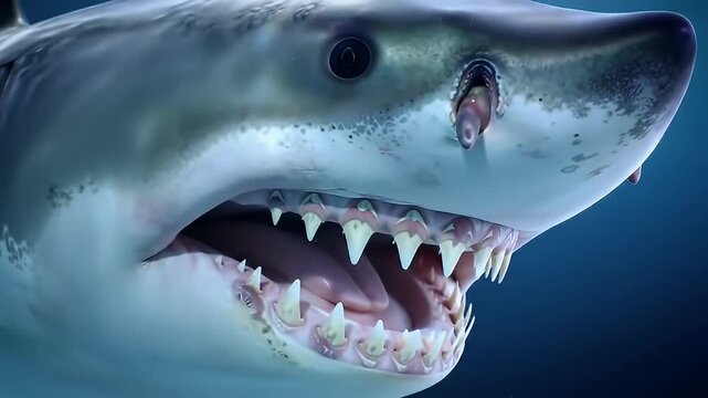 Close-up of a great white shark with teeth bared in the blue ocean
