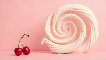 Whimsical Cream Swirl Dessert with Cherries on Pink Background